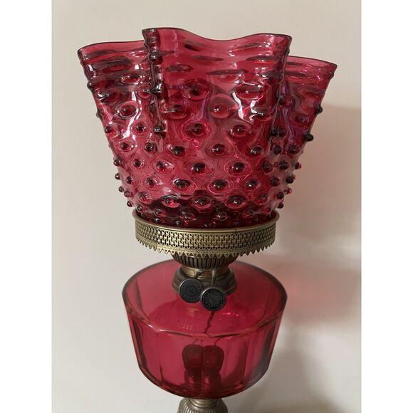 1800s Antique Victorian Cranberry Glass Oil Lantern Converted Table Parlor Lamp - Picture 5 of 13